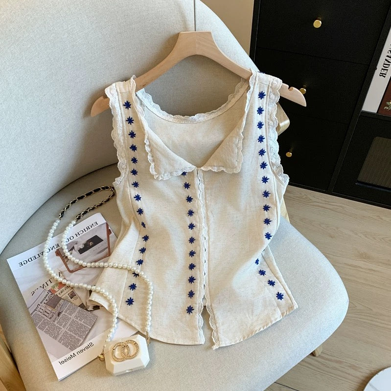 Guangzhou Shisanhang high-end hot-selling ~ back strap design Chanel style embroidered lace sleeveless tops for women in summer
