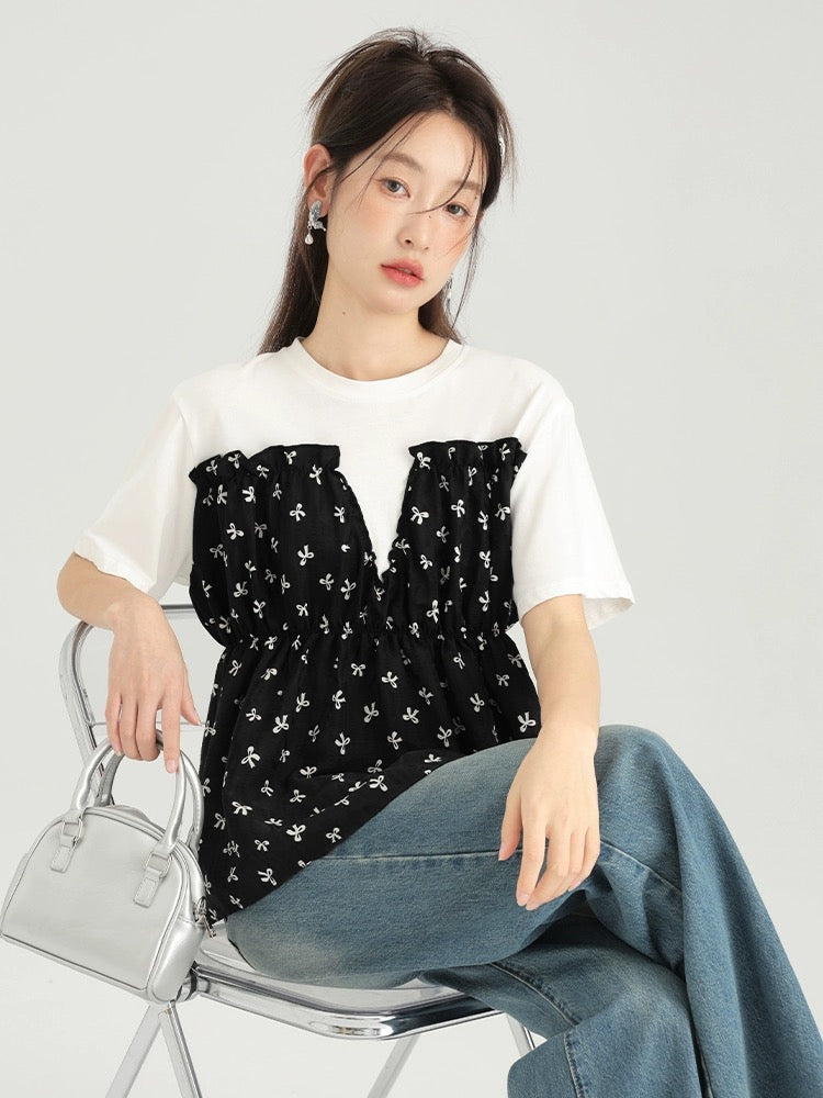 Love Rose Large Size Summer Dress for Fat mm Slim Bow Tie Shirt Women's High-Waist Stitching Fake Two-piece Top