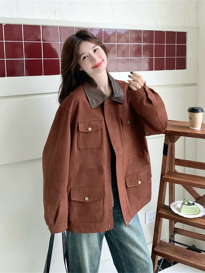 PU leather contrast lapel rust red casual jacket for women spring and autumn 2025 new style small size temperament great looking top