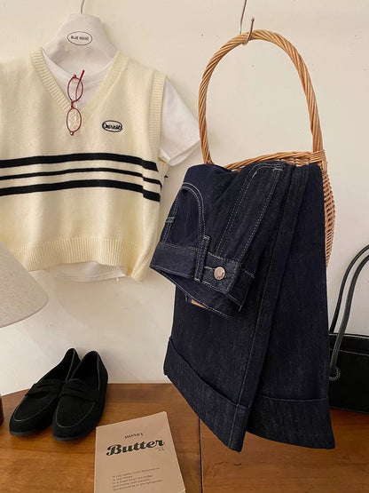 Counter quality ~ high-waisted rolled edge narrow straight jeans for women autumn high-waisted slim versatile nine-point casual pants