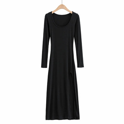 Spring and Autumn European and American hotties show off their figure and reveal their clavicle, U-neck dress, feminine side slit, hip-covering skims, trendy long skirt