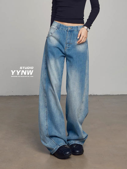 Women's American-style high-waisted washed slub-texture jeans (Summer 2026 New Arrival): Slimming, drapey, floor-length trousers.