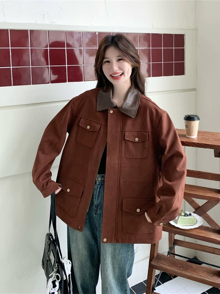 PU leather contrast lapel rust red casual jacket for women spring and autumn 2025 new style small size temperament great looking top