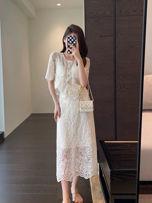 AMR UU◆High-end suit! Socialite lady lace top slit skirt two-piece set women's summer new style