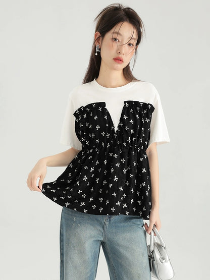 Love Rose Large Size Summer Dress for Fat mm Slim Bow Tie Shirt Women's High-Waist Stitching Fake Two-piece Top