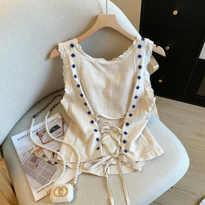 Guangzhou Shisanhang high-end hot-selling ~ back strap design Chanel style embroidered lace sleeveless tops for women in summer