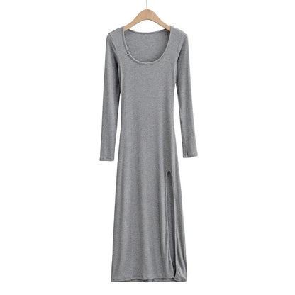 Spring and Autumn European and American hotties show off their figure and reveal their clavicle, U-neck dress, feminine side slit, hip-covering skims, trendy long skirt