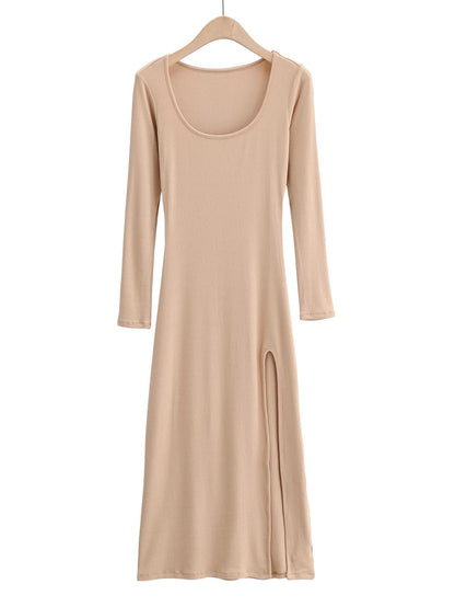 Spring and Autumn European and American hotties show off their figure and reveal their clavicle, U-neck dress, feminine side slit, hip-covering skims, trendy long skirt