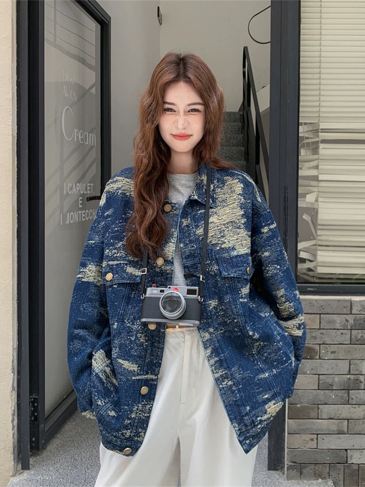 Retro casual distressed lapel denim jacket for women spring and autumn 2025 new street style design niche jacket tops