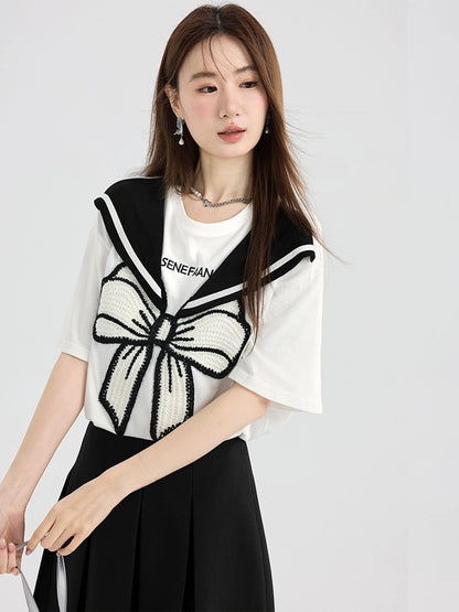 Love Rose Large Size Fat mm Heavy Industry Embroidered Bow T-shirt Women's Summer Short-Sleeved College Style Design Top