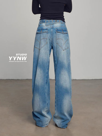 Women's American-style high-waisted washed slub-texture jeans (Summer 2026 New Arrival): Slimming, drapey, floor-length trousers.