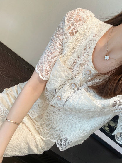 AMR UU◆High-end suit! Socialite lady lace top slit skirt two-piece set women's summer new style