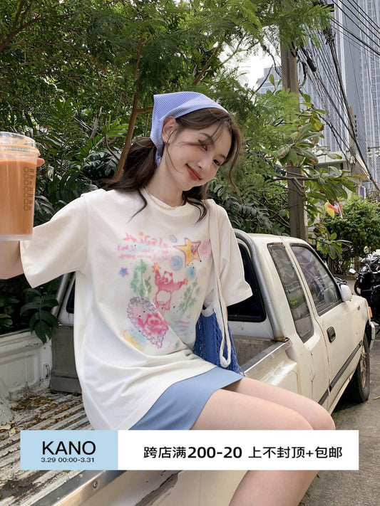 Hello Canon Original Colorful Panda Print Long Short Sleeve T-Shirt Women's Spring New Loose Small Shoulder Top