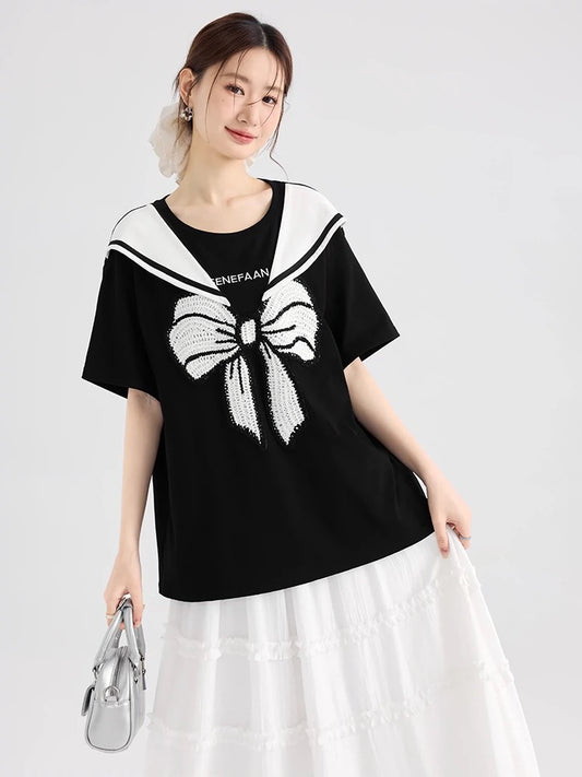 Love Rose Large Size Fat mm Heavy Industry Embroidered Bow T-shirt Women's Summer Short-Sleeved College Style Design Top