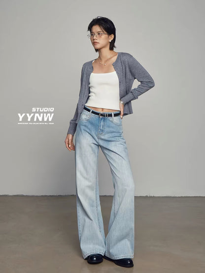 Women's Summer 2026 New High-Waisted Loose-Fit Bootcut Jeans – Vintage American Style with Gradient Wash (Non-Clinging Fit)