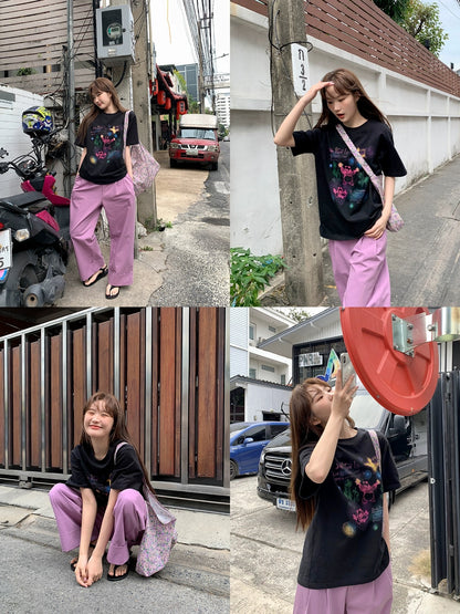 Hello Canon Original Colorful Panda Print Long Short Sleeve T-Shirt Women's Spring New Loose Small Shoulder Top