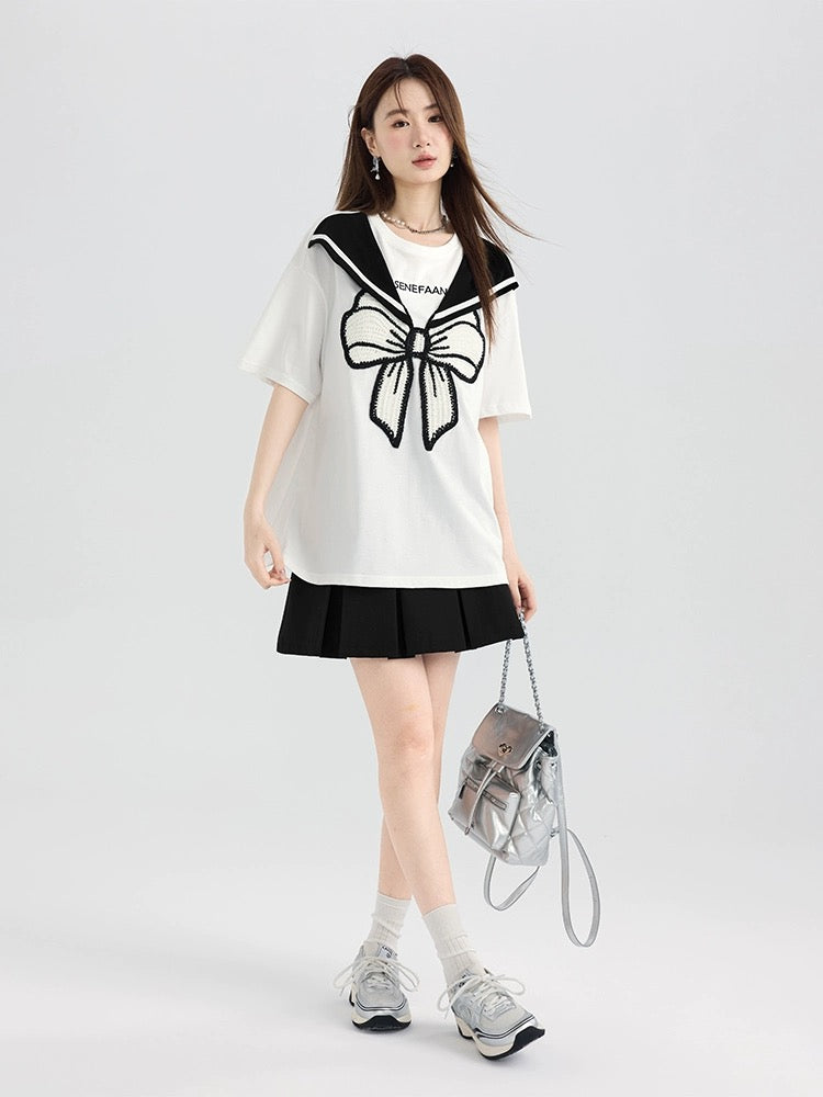 Love Rose Large Size Fat mm Heavy Industry Embroidered Bow T-shirt Women's Summer Short-Sleeved College Style Design Top