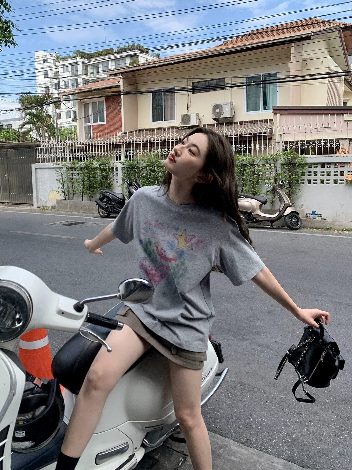 Hello Canon Original Colorful Panda Print Long Short Sleeve T-Shirt Women's Spring New Loose Small Shoulder Top