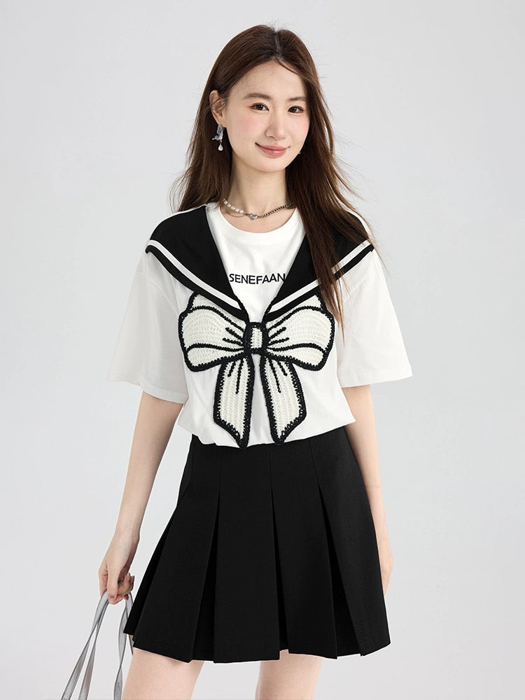 Love Rose Large Size Fat mm Heavy Industry Embroidered Bow T-shirt Women's Summer Short-Sleeved College Style Design Top