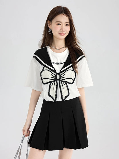 Love Rose Large Size Fat mm Heavy Industry Embroidered Bow T-shirt Women's Summer Short-Sleeved College Style Design Top