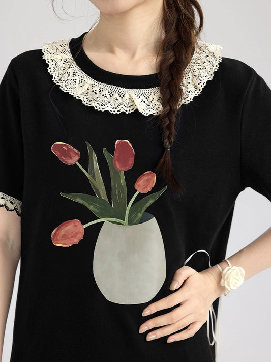Love Rose Large Size Fat mm Loose Slim Right Shoulder T-Shirt Women 2024 New Short Sleeve Summer Top Women Design Sense