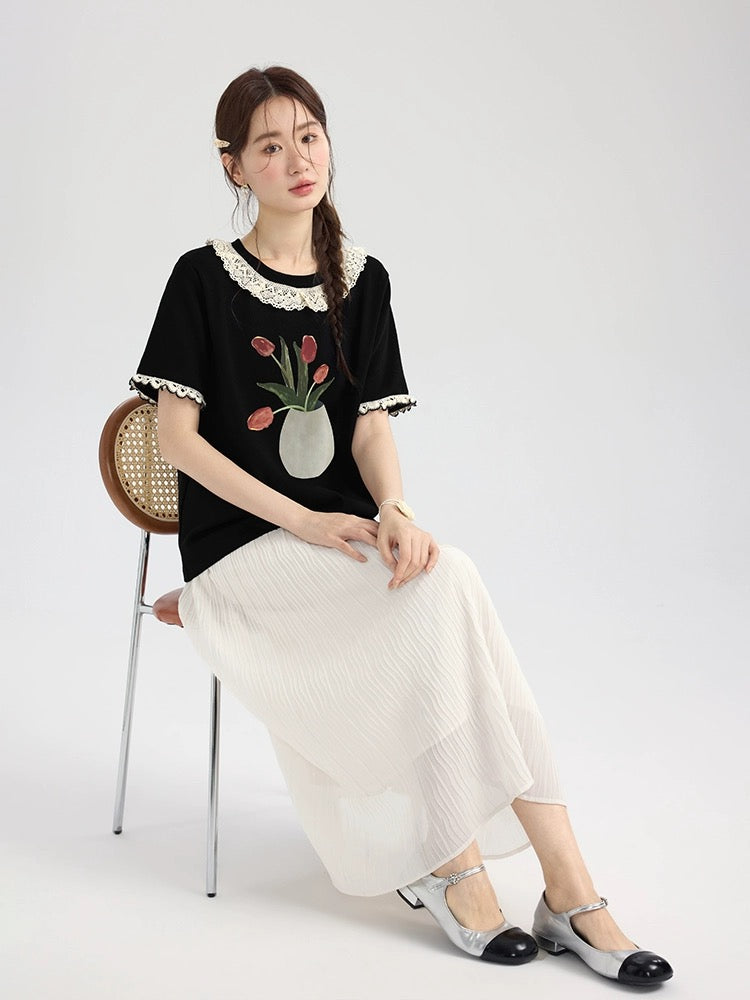 Love Rose Large Size Fat mm Loose Slim Right Shoulder T-Shirt Women 2024 New Short Sleeve Summer Top Women Design Sense