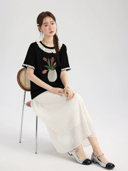 Love Rose Large Size Fat mm Loose Slim Right Shoulder T-Shirt Women 2024 New Short Sleeve Summer Top Women Design Sense