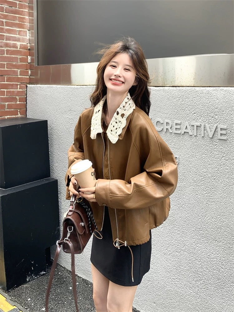 Super good-looking contrast color lapel brown leather jacket women's spring and autumn 2025 new slim hot style high-end PU jacket