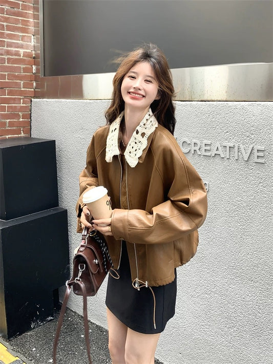 Super good-looking contrast color lapel brown leather jacket women's spring and autumn 2025 new slim hot style high-end PU jacket