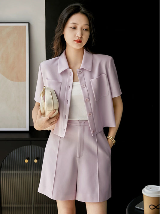 Xiaohan Pavilion Sakura Pink Fragrance Set Naia Eastman Acetate Retro Micro Profile Short Sleeve Jacket + Shorts