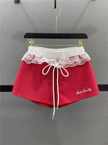 Red lace splicing sports shorts women 2025 summer design American hot girl slim ultra-short casual hot pants