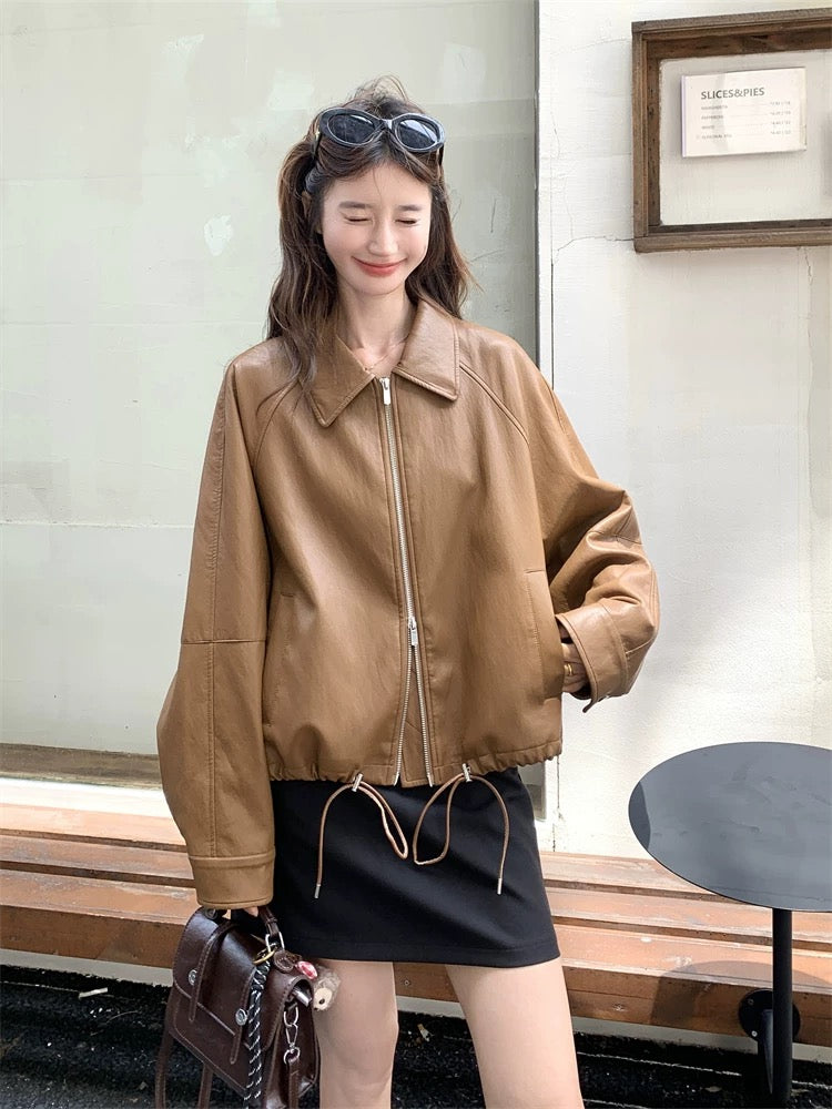 Super good-looking contrast color lapel brown leather jacket women's spring and autumn 2025 new slim hot style high-end PU jacket