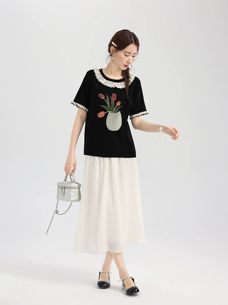 Love Rose Large Size Fat mm Loose Slim Right Shoulder T-Shirt Women 2024 New Short Sleeve Summer Top Women Design Sense