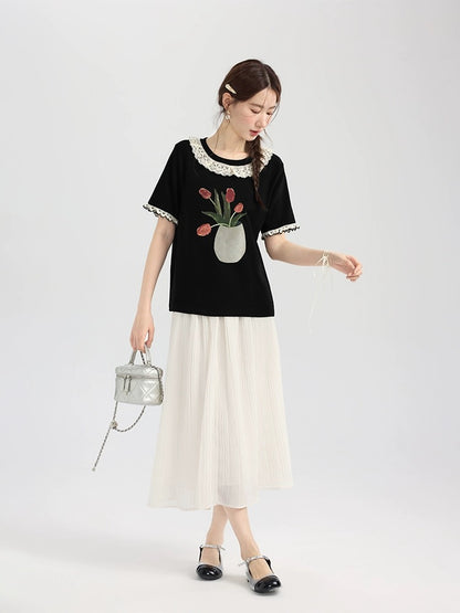Love Rose Large Size Fat mm Loose Slim Right Shoulder T-Shirt Women 2024 New Short Sleeve Summer Top Women Design Sense