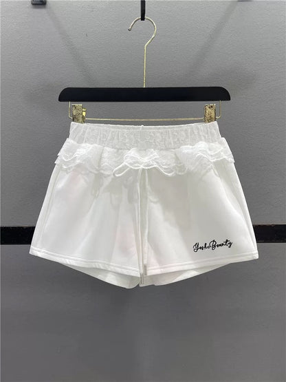 Red lace splicing sports shorts women 2025 summer design American hot girl slim ultra-short casual hot pants