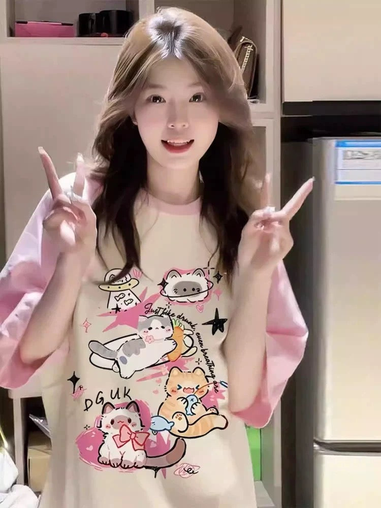 Pink pure cotton raglan short-sleeved T-shirt female 2025 new summer Korean lazy loose half-sleeved design top