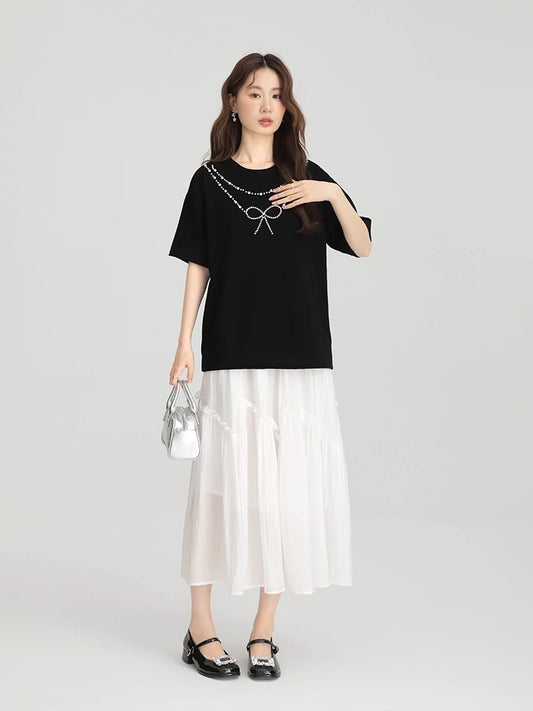Love Rose black three-dimensional bow T-shirt for women 2024 new large size summer fat mm slim heavy beaded top
