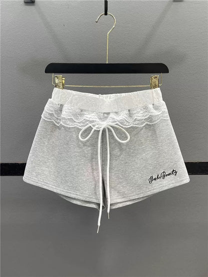Red lace splicing sports shorts women 2025 summer design American hot girl slim ultra-short casual hot pants