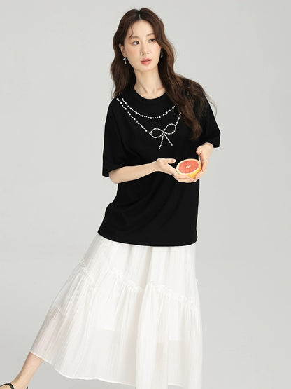 Love Rose black three-dimensional bow T-shirt for women 2024 new large size summer fat mm slim heavy beaded top