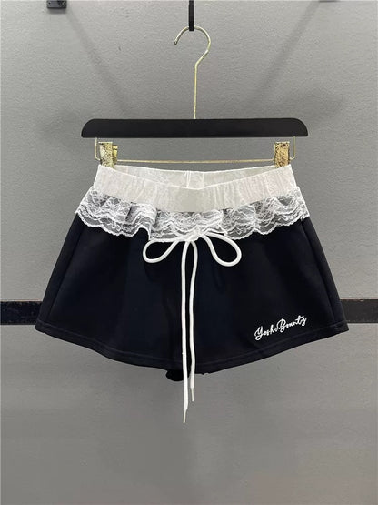 Red lace splicing sports shorts women 2025 summer design American hot girl slim ultra-short casual hot pants