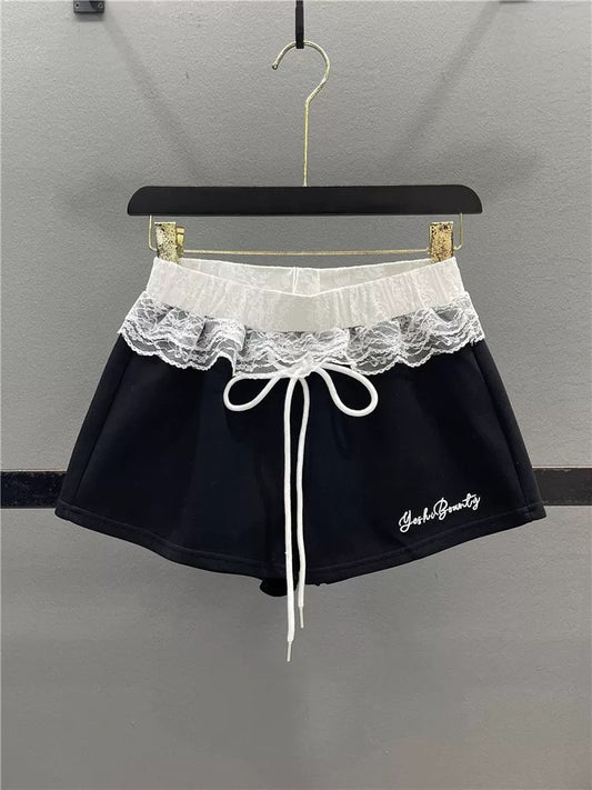 Red lace splicing sports shorts women 2025 summer design American hot girl slim ultra-short casual hot pants