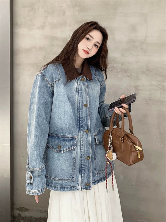 Contrast color lapel denim jacket for women spring and autumn 2025 new popular style super hot tops super good-looking versatile slimming