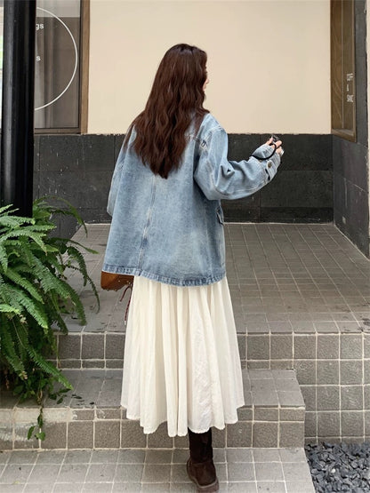 Contrast color lapel denim jacket for women spring and autumn 2025 new popular style super hot tops super good-looking versatile slimming