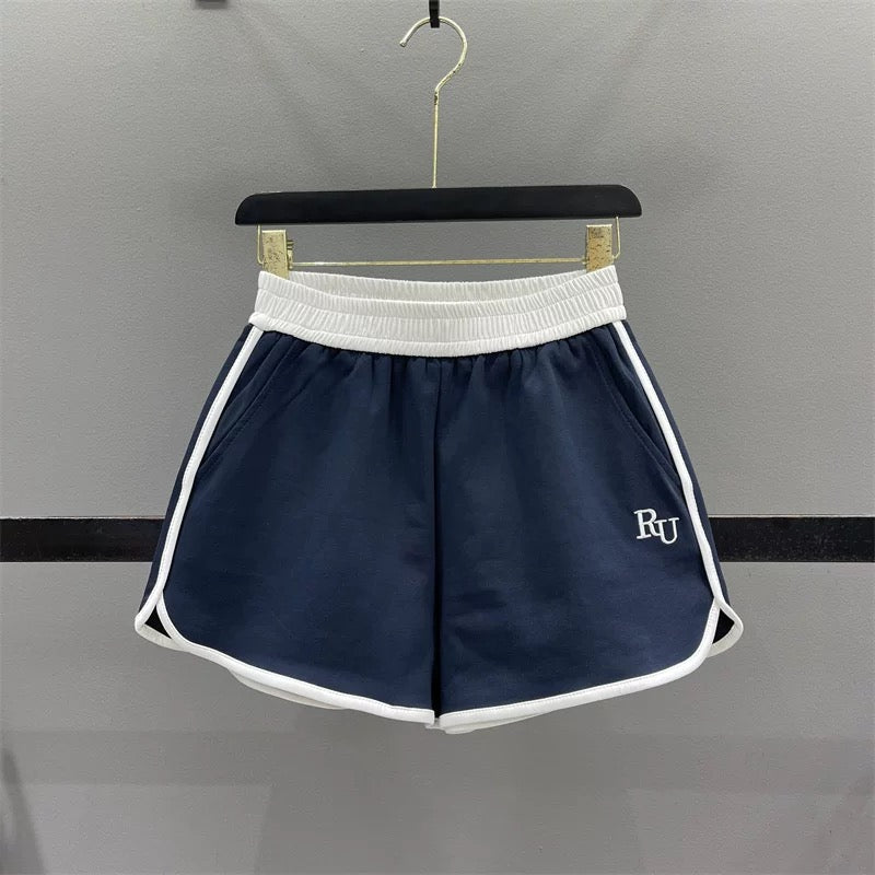 Elastic waist contrast color casual shorts for women 2025 summer new letter embroidery running sports A-line wide-leg hot pants