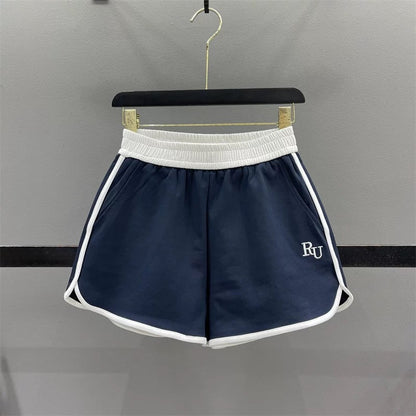 Elastic waist contrast color casual shorts for women 2025 summer new letter embroidery running sports A-line wide-leg hot pants