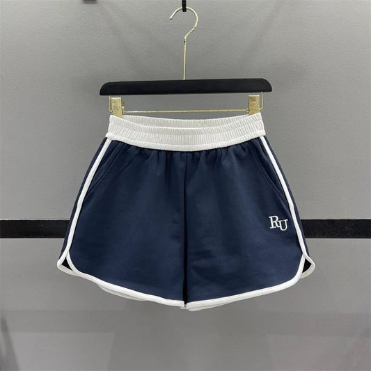 Elastic waist contrast color casual shorts for women 2025 summer new letter embroidery running sports A-line wide-leg hot pants