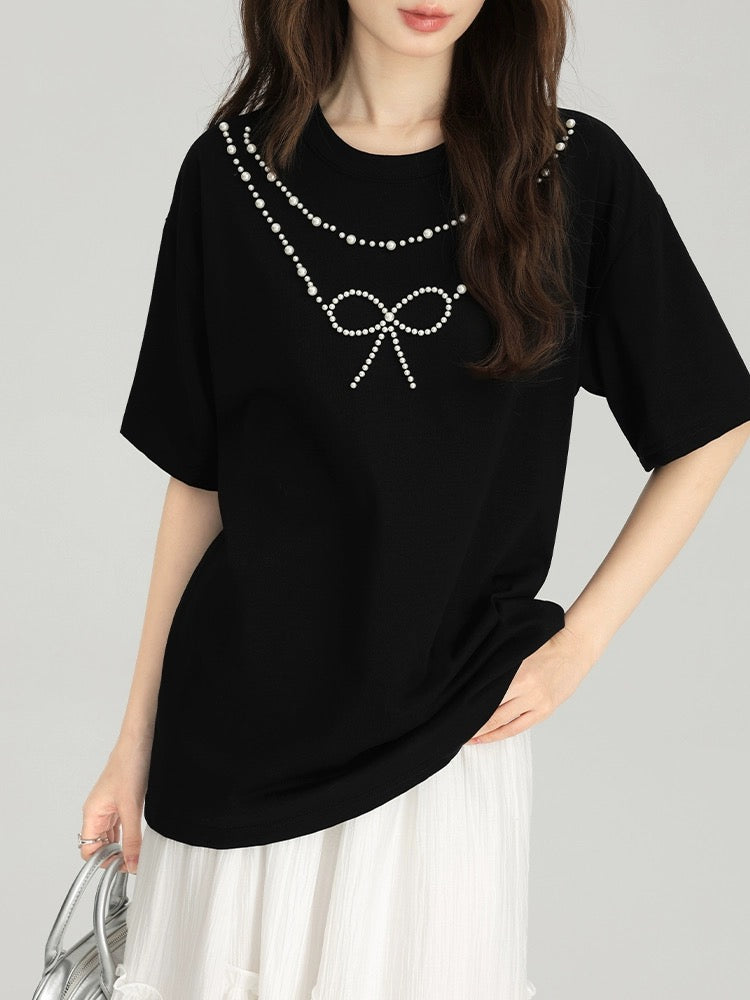 Love Rose black three-dimensional bow T-shirt for women 2024 new large size summer fat mm slim heavy beaded top