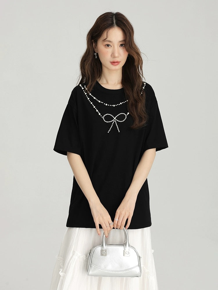 Love Rose black three-dimensional bow T-shirt for women 2024 new large size summer fat mm slim heavy beaded top
