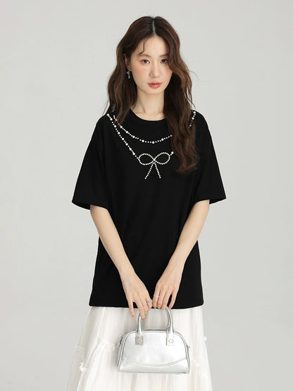 Love Rose black three-dimensional bow T-shirt for women 2024 new large size summer fat mm slim heavy beaded top