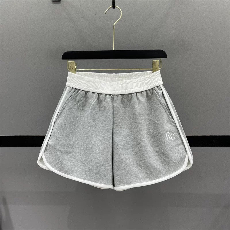 Elastic waist contrast color casual shorts for women 2025 summer new letter embroidery running sports A-line wide-leg hot pants